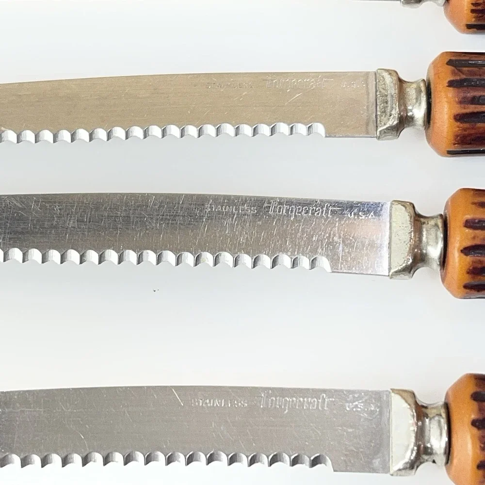 Vintage Stainless Forgecraft USA Steak Knives Set 6 Stag Faux Antler Handle MCM